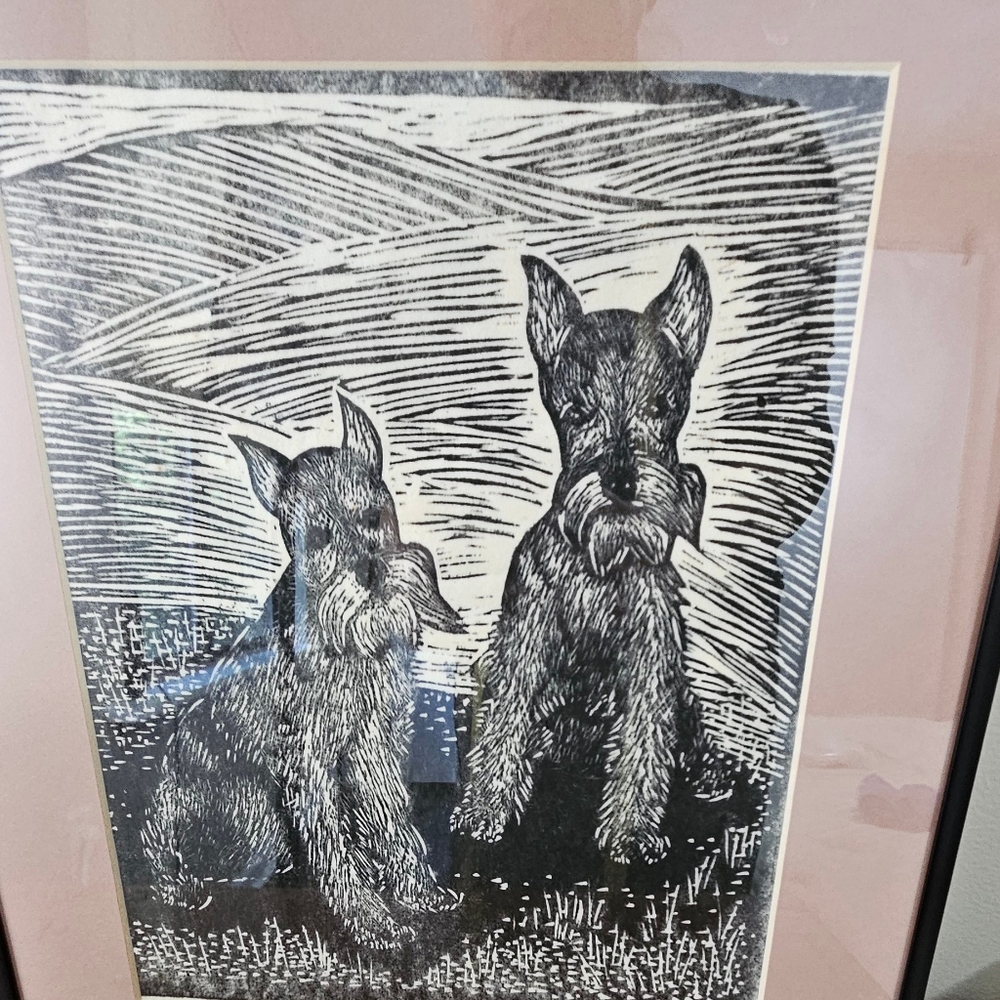Edna Martin Schnauzer Woodcut print in glass frame.